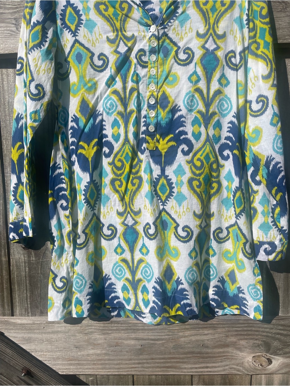 FINCH Blue & Lime Ikat Button-Front Tunic SZ M - Picture 3 of 10